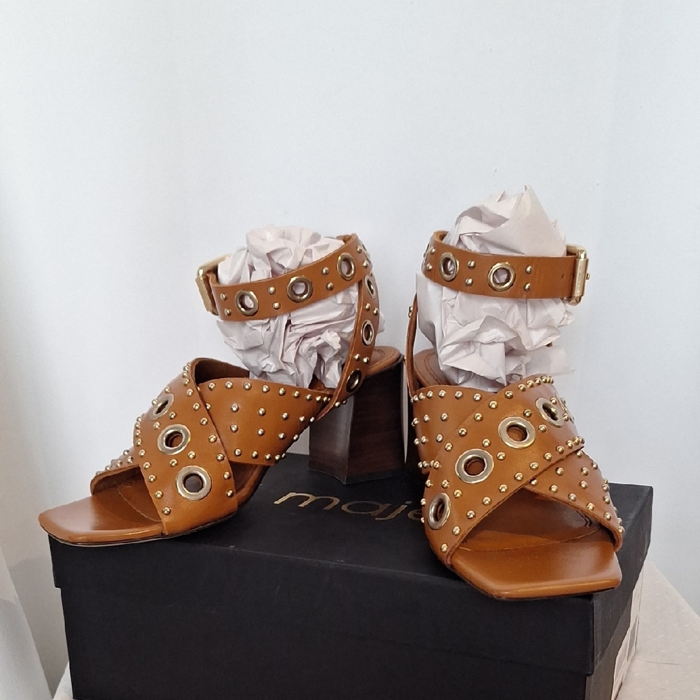 Mage Camel Brown Leather Studded Heeled Ankle Strap Sandals